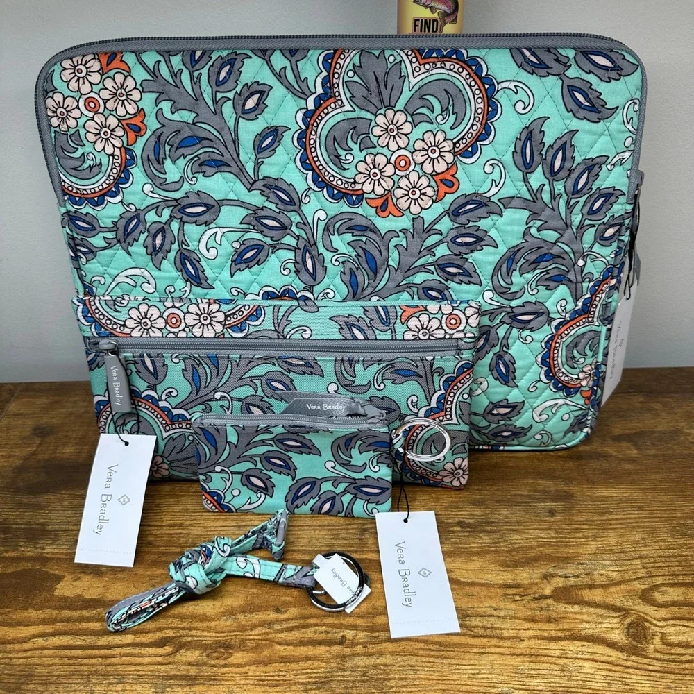 Vera Bradley Mint Flowers 4pc Set Laptop Sleeve Pencil Pouch ID Case Lanyard NEW